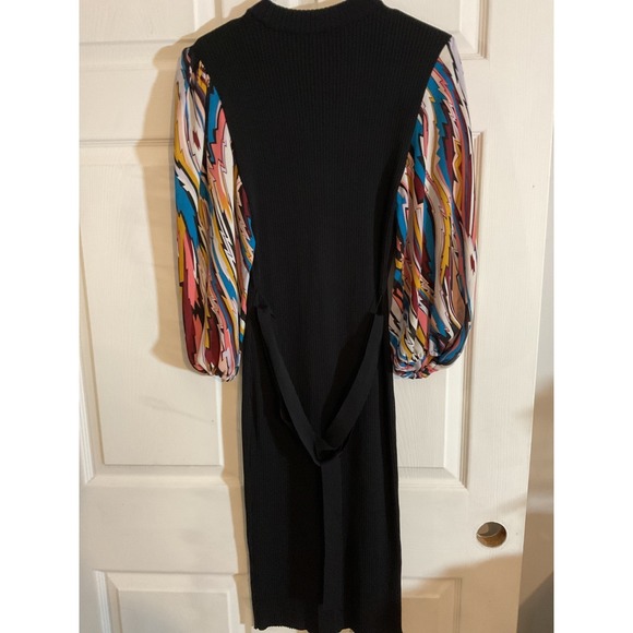 New York & Company Black Ribbed Knit Midi Dress Abstract Puff Sleeve Keyhole M - Picture 3 of 10